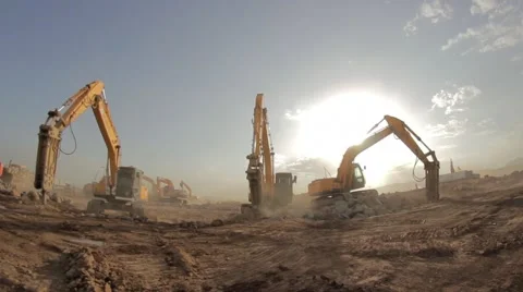 Hydraulic hammer breaker on excavator destroying rocks Stock Footage 61769953