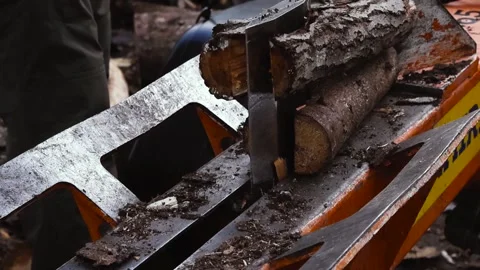 Hydraulic log splitter machine chopping firewood Stock Footage 343931661
