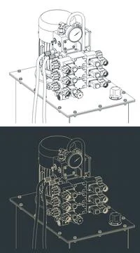 Hydraulic power pack unit with solenoid valves and pressure gauge technical.. Stock Illustration