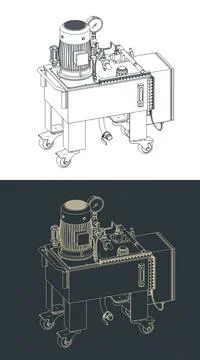 Hydraulic power unit isometric technical drawings Illustrazione stock