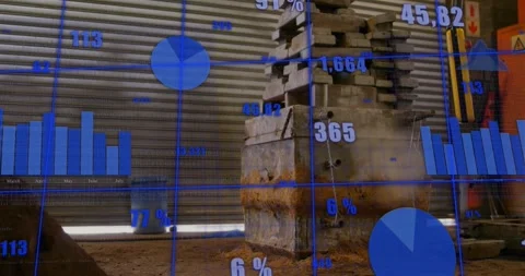 Hydraulic press descending into concrete stack updating overlay crushing blocks Stock Footage 317118671