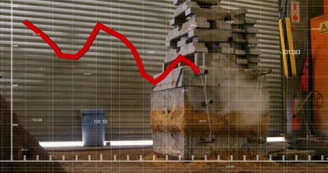 Hydraulic press head descending causing stack cracking and dusting while red Stock Footage 310729013