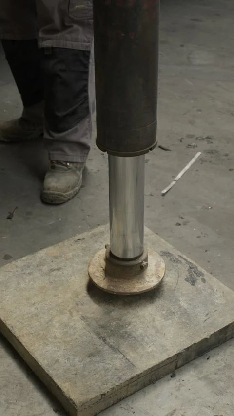 Hydraulic Press Piston Compressing Stone Slab In Workshop With Worker Standing Stock Footage 337913381