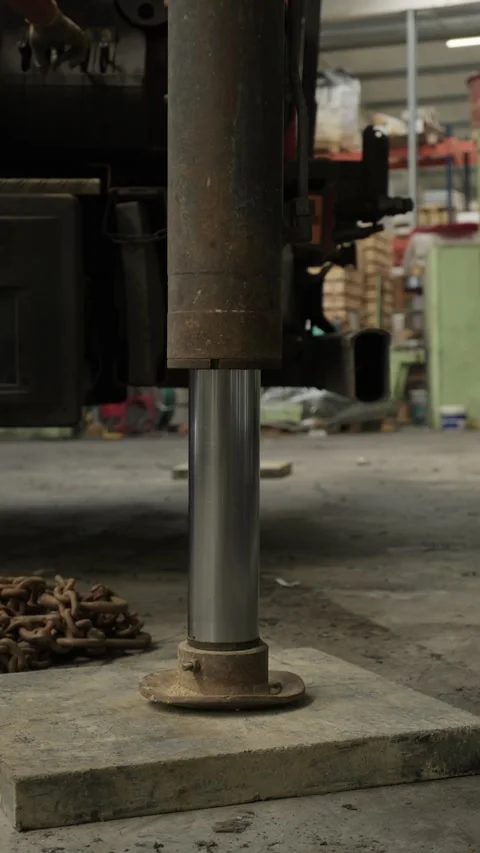 Hydraulic press piston on stone slab in industrial workshop interior Stock Footage 337913948
