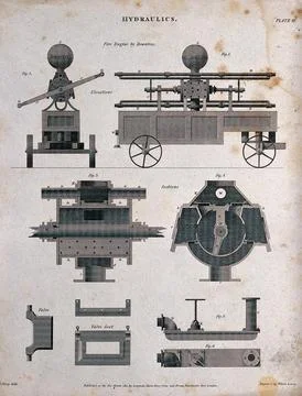 A hydraulic system for a Rowntree's fire engine. Engraving by W. Lowry, 181.. Stock Illustration