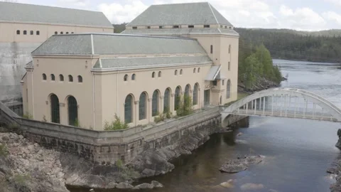 Hydro electric Power Generating Dam Pull Down Slide Drone. Stock Footage 149994380