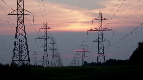 Hydro lines silhouette row of electrical hydro lines. Stock Footage 314515711
