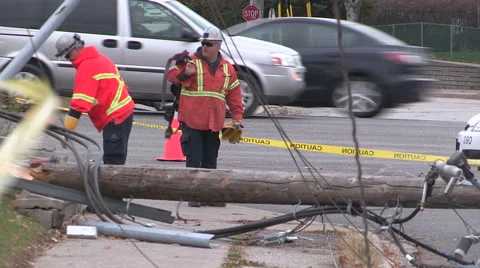 Hydro pole and power lines down in severe weather and wind storm in Mississauga Stock-Footage 56952794
