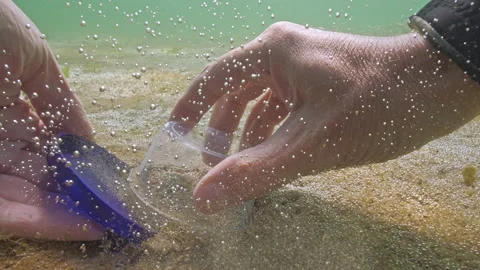 Hydrobiologist taking samples from sandy seabed covered colony of gas-producing Stock Footage 315455743