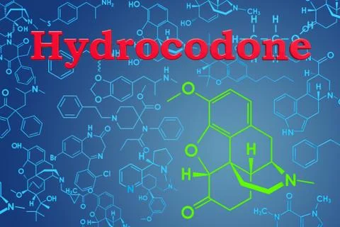 Hydrocodone. Chemical formula, molecular structure. 3D rendering Stock Illustration