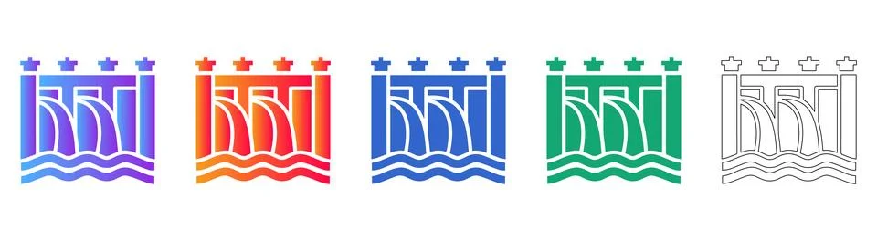 Hydroelectric Dam Icon Set in Gradient and Line Art Stock Illustration