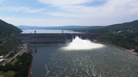 Hydroelectric dam on the river  Stock Footage 155935597