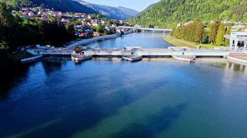 Hydroelectric dam on river Stockbeeldmateriaal 335941717