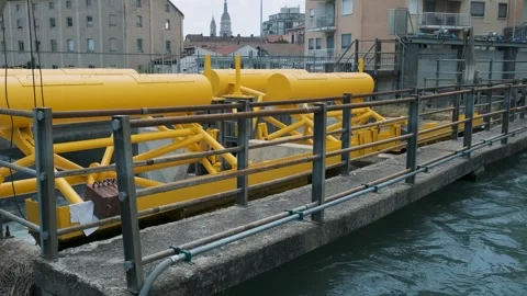 Hydroelectric small power station on the river in Piedmont, Italy. Small dam Stock Footage 264166233