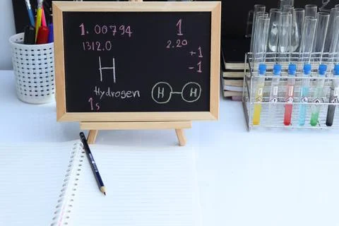 Hydrogen and symbol structural formula chemical write on the blackboard Stock Photos