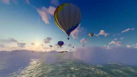 Hydrogen balloons float over the sea, clouds and desert Vidéo 305015125