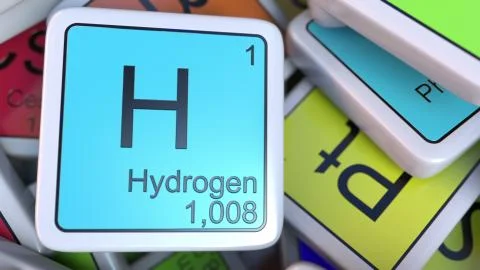 Hydrogen block on the pile of periodic table of the chemical elements blocks. 3D Stock Illustration