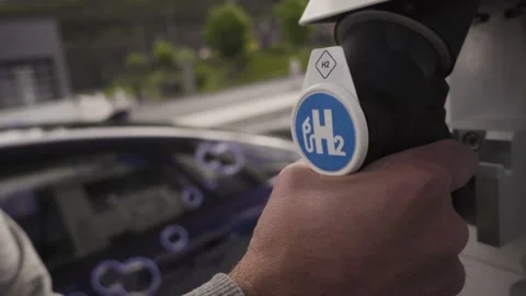 Hydrogen car is being refueled at hydrogen gas station Stock Footage 132729377