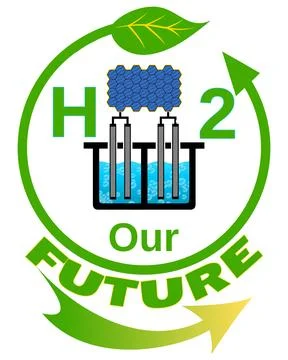 Hydrogen Cell, H2 Our Future - eco circle - Solar &amp; Arrow On White Background Stock Illustration