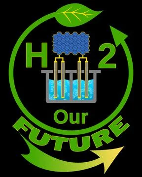 Hydrogen Cell, H2 Our Future - eco circle - Solar &amp; Arrow On Black Blackground イラスト素材