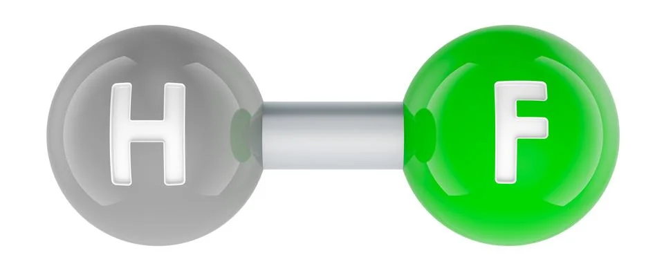 Hydrogen fluoride HF molecule model. 3D rendering Stock Illustration