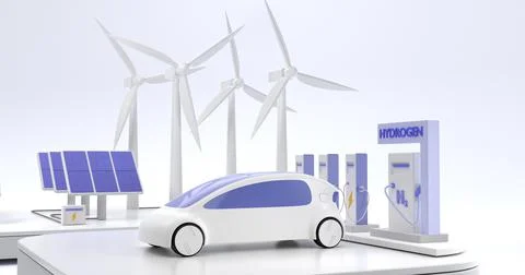 Hydrogen H2 and electric charger station with future car. Concept of green Illustrazione stock