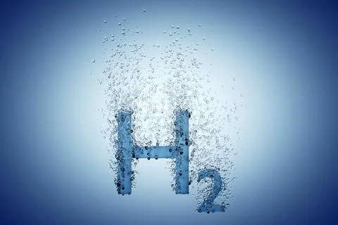 Hydrogen H2 symbol with bubbles over blue background, clean energy or chemist Stock Illustration