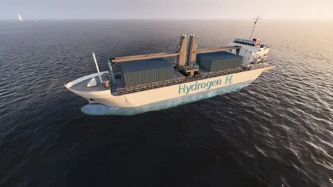 Hydrogen-powered cargo ship sailing in the open ocean. Stock Footage 329097760