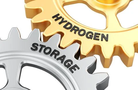 Hydrogen Storage concept with interlocking cogwheels, 3d rendering Stock Illustration