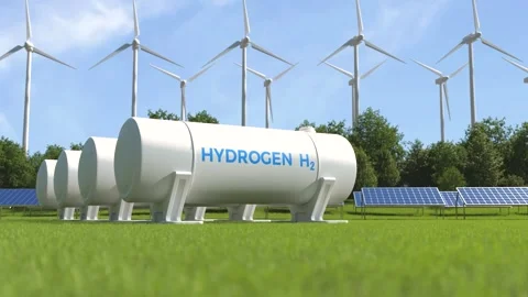 Hydrogen storage with solar panels and wind turbines, Green alternative energy Stock Footage 244969512
