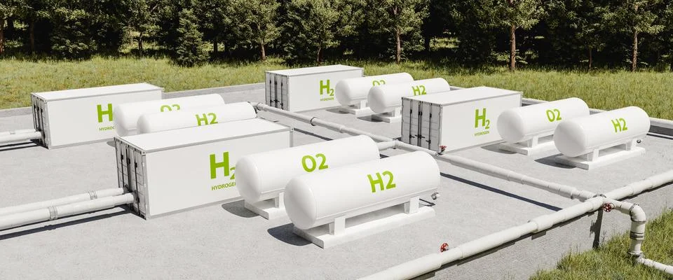 Hydrogen tanks in facility. 3D render. Stock Illustration