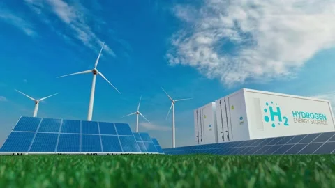 Hydrogen technology. Hydrogen storage against the background of solar panels and Stock Footage 170241226