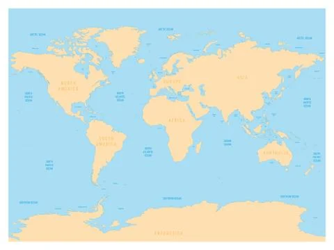 Hydrological map of World with labels of oceans, seas, gulfs, bays and straits Stock Illustration