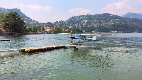 Hydroplane moored on the Como lake on a summer day Stock Footage 118649359