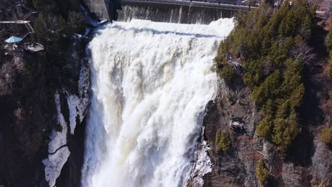 Hydropower dam with strong water flow aerial Stock Footage 333216470