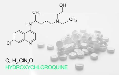 Hydroxychloquine formula, active in COVID-19 therapy, virus cell background Ilustración de archivo