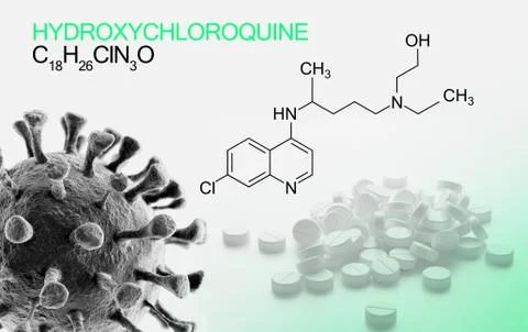 Hydroxychloquine formula, active in COVID-19 therapy, virus cell background Иллюстрация