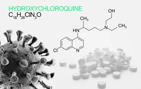 Hydroxychloquine formula, active in COVID-19 therapy, virus cell background Stock Illustration