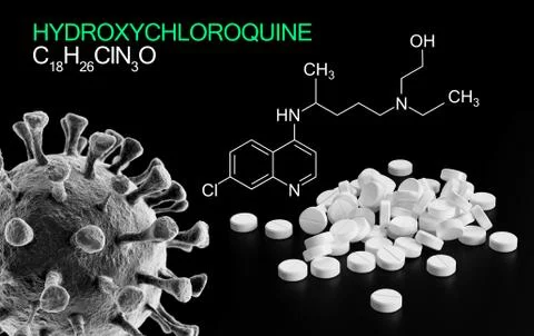 Hydroxychloquine formula, active in COVID-19 therapy, virus cell background Stock Illustration