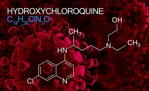 Hydroxychloquine formula, active in COVID-19 therapy, virus cell background Illustrazione stock