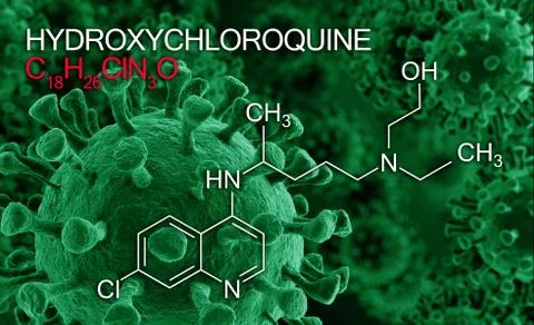 Hydroxychloquine formula, active in COVID-19 therapy, virus cell background Stock Illustration