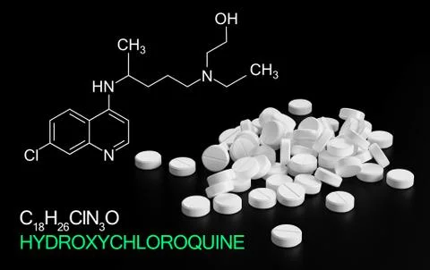 Hydroxychloquine formula, active in COVID-19 therapy, virus cell background Stock Illustration