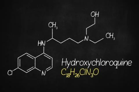Hydroxychloroquine formula, active COVID-19 therapy, written with chalk on board Stock Illustration