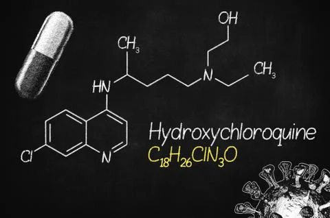 Hydroxychloroquine formula, active COVID-19 therapy, written with chalk on board Stock Illustration