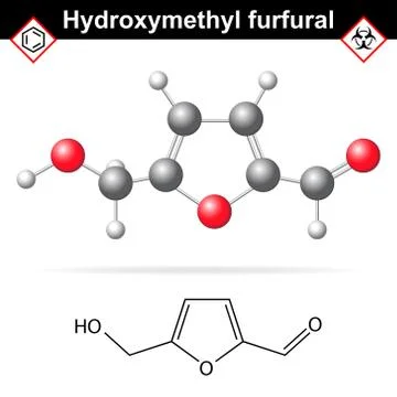 Hydroxymethylfurfural chemical structure and model Illustrazione stock