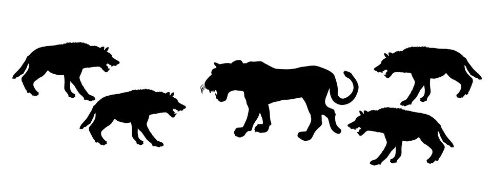 Hyenas pack attack lioness vector silhouette illustration isolated Illustrazione stock
