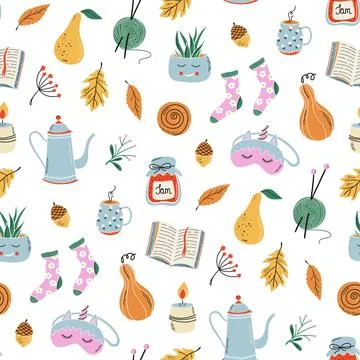 Hygge Autumn seamless pattern. Cute fall background. 库存插图