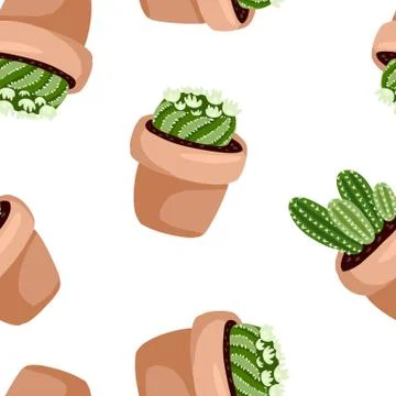Hygge potted cactus plants seamless pattern. Cozy lagom scandinavian style su Stock Illustration