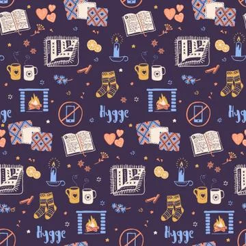 Hygge seamless pattern. Cozy home things. Danish living concept. Stock Illustration