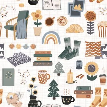 Hygge seamless pattern with cozy things - socks, books, sweets, drinks, hom.. Stock Illustration